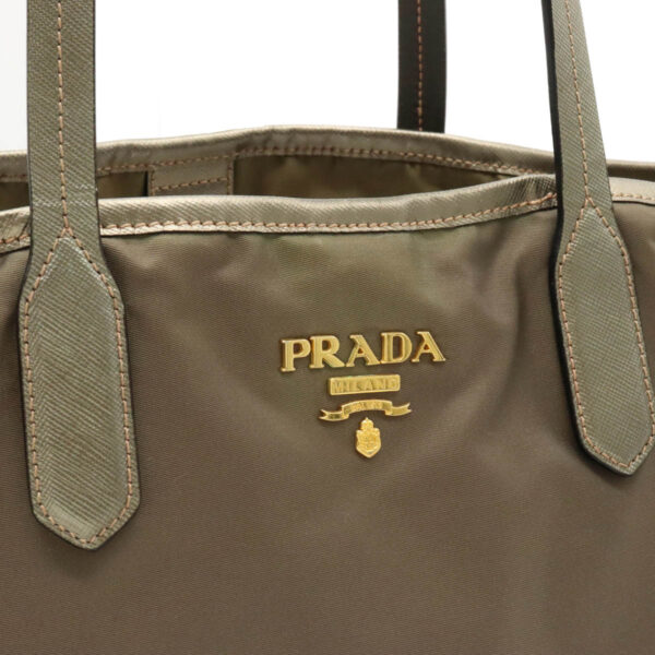 22400610 9 Prada Tote Bag Shoulder Nylon Metallic Leather Fumo Khaki