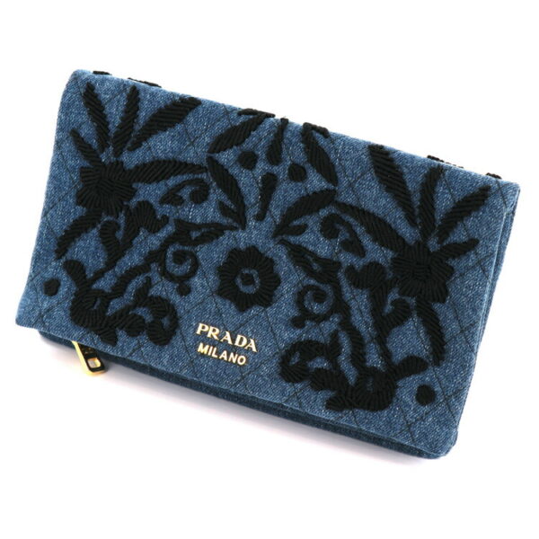 23 0169 01 Prada Denim Embroidery Wallet Clutch Bag Blue