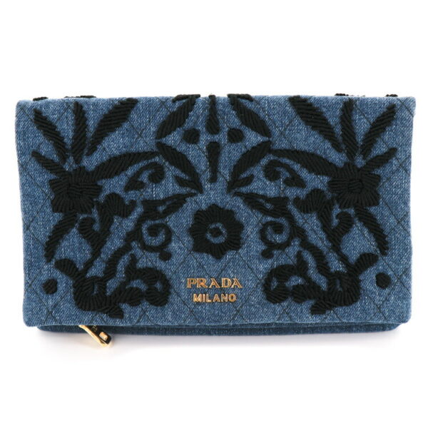 23 0169 02 Prada Denim Embroidery Wallet Clutch Bag Blue