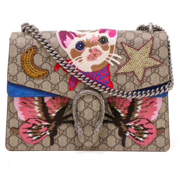 24 0518 02 Gucci Dionysus Cat GG Supreme Chain Shoulder Bag Beige