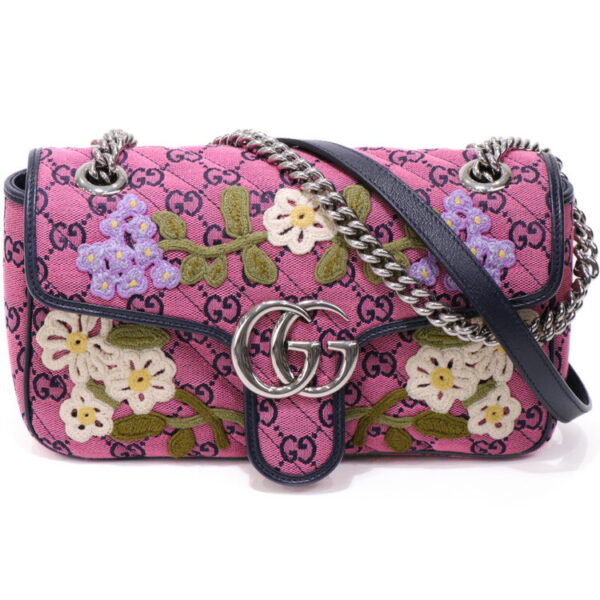 24 2349 02 Gucci GG Marmont Flower Embroidery Shoulder Bag Pink