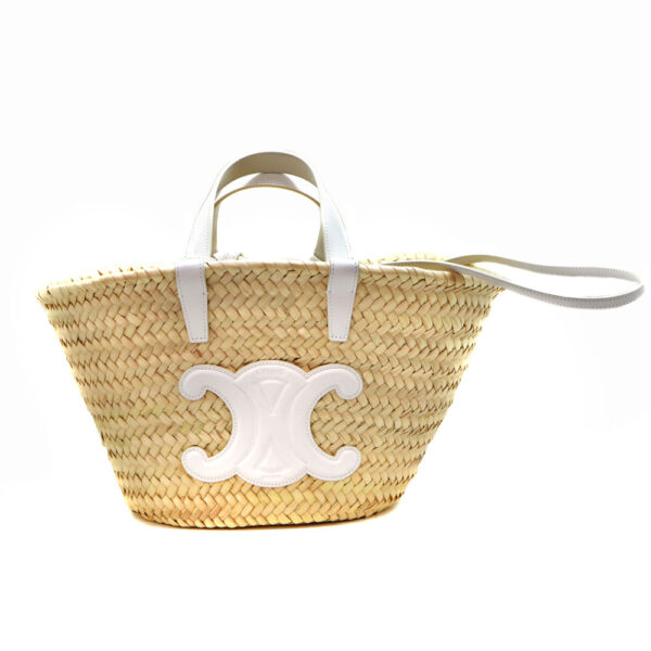 2531 1 Celine Teen Triomphe Pannier Raffia Leather Basket Bag Beige White