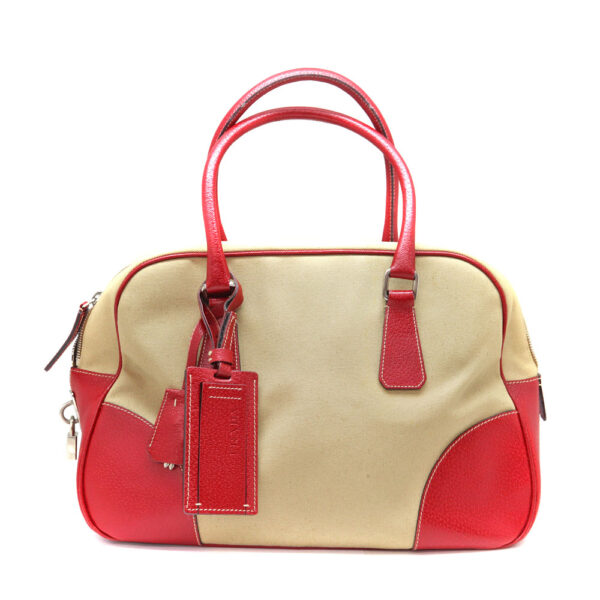 2625 1 Prada Handbag Canvas Leather Beige Red