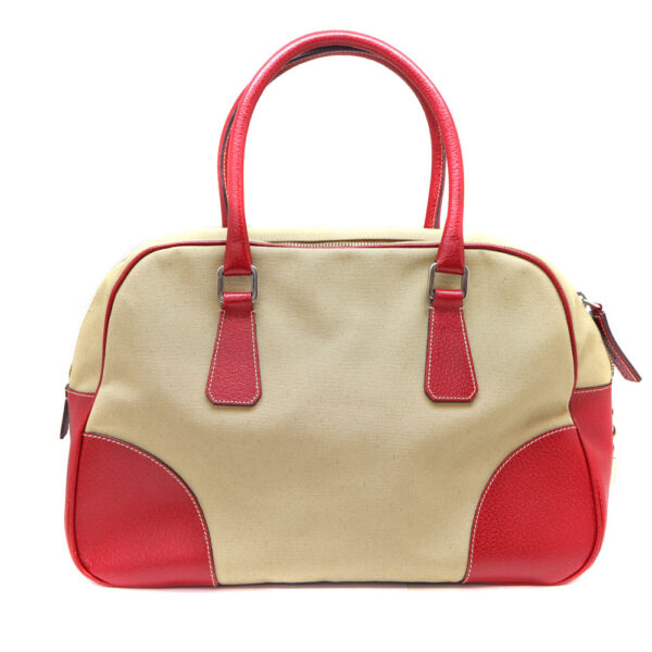 2625 2 Prada Handbag Canvas Leather Beige Red