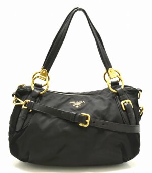 31720519 Prada Gathered Shoulder Bag Nylon Leather Nero Black