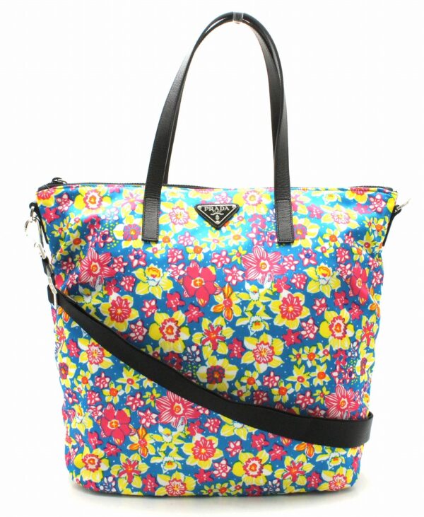 31721550 Prada Tote Bag Flower Nylon Leather Blue Multicolor