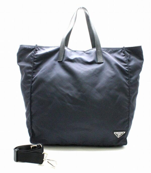 31750768 Prada Tessuto 2WAY Bag Nylon Embossed Leather Navy Blue