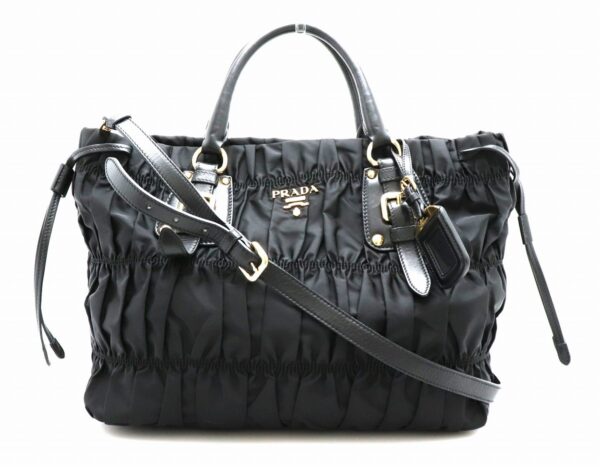 31760380 Prada Gathered 2WAY Shoulder Bag Nylon Leather Black