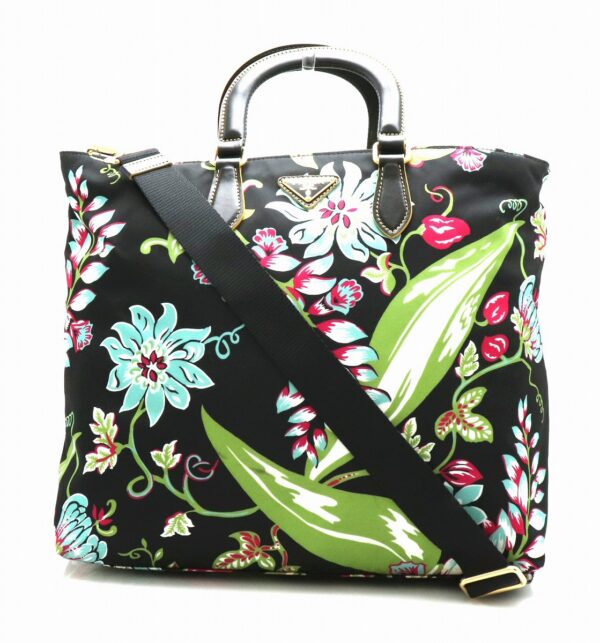 31761354 Prada 2WAY Shoulder Bag Floral Nylon Black Multicolor