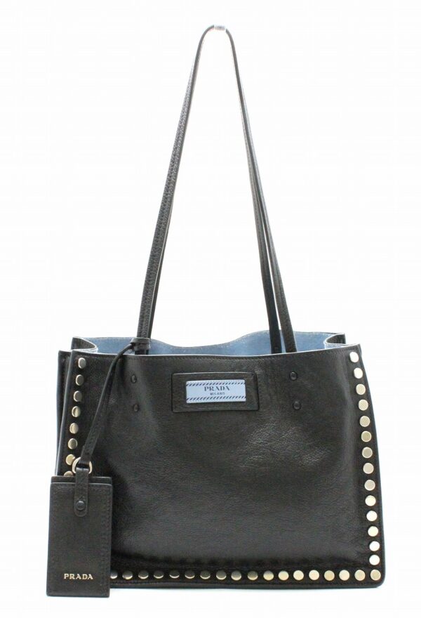 31761879 Prada Etiquette Tote Bag Calf Leather Black Light Blue