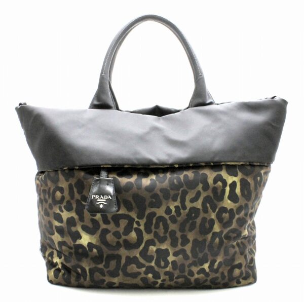 31771077 Prada Tessuto Leopard Print Tote Bag Black Khaki Silver