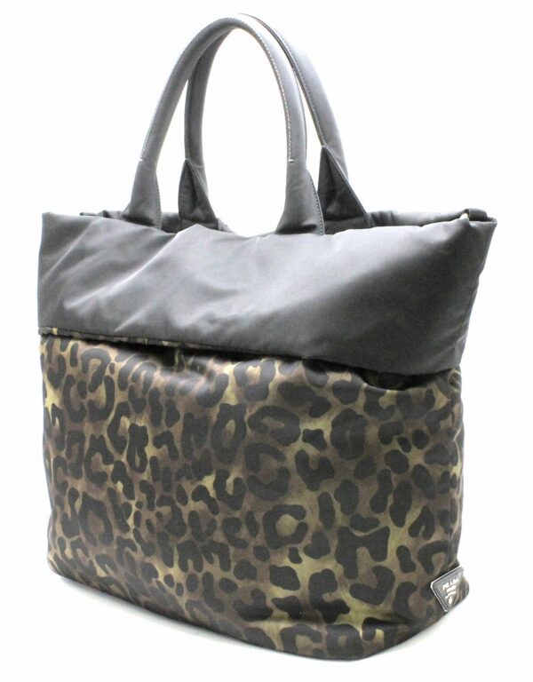 31771077 1 Prada Tessuto Leopard Print Tote Bag Black Khaki Silver