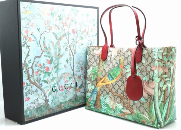 31780442 8 Gucci GG Supreme Tian Tote Shoulder Bag Leather Khaki Beige Red