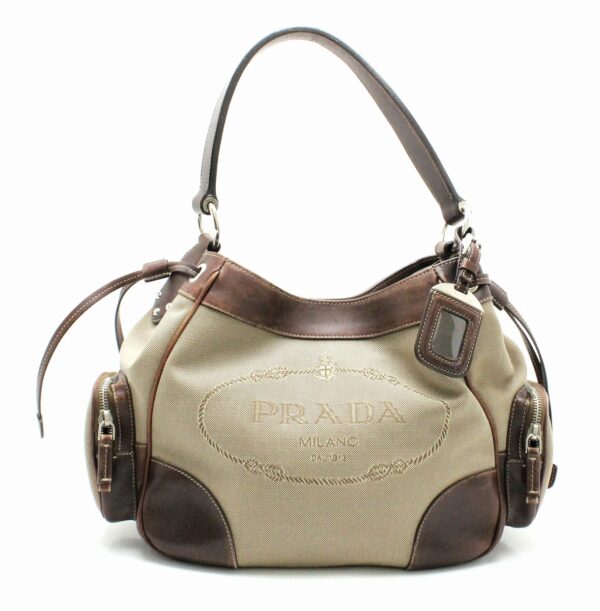 31781654 Prada Jacquard Shoulder Bag Leather Khaki Brown