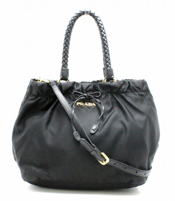 31790240 Prada Gathered Ribbon Shoulder Bag Nylon Leather Black