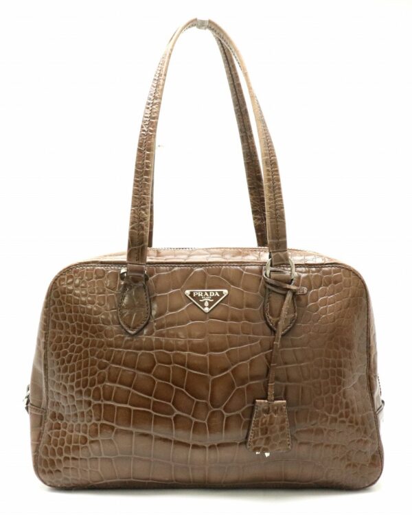 31800517 Prada Handbag Crocodile Embossed Leather Brown Tea