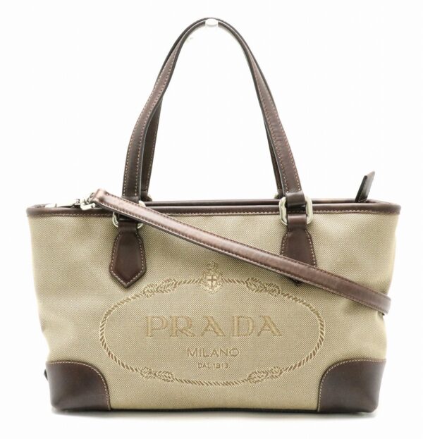 31810464 Prada Tote Bag Jacquard Canvas Leather Khaki Brown