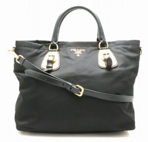 31821286 Prada Triangle Logo Plate Handbag Tote Bag Black Nylon Leather