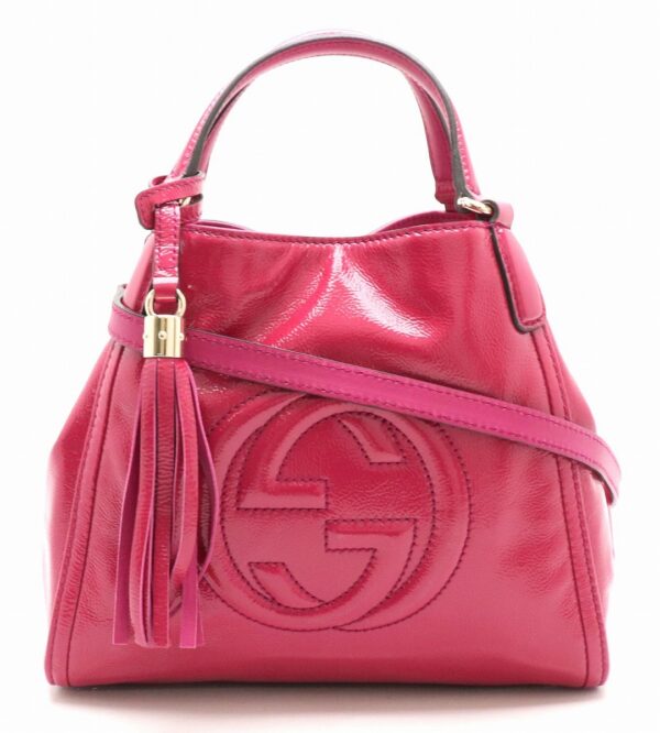 31841759 Gucci Soho Fringe Tassel Interlocking G Patent Shoulder Bag Pink