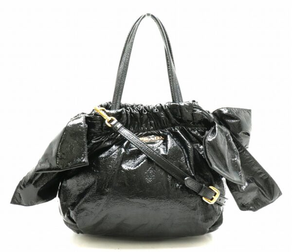 31850482 Prada Tote Bag 2WAY Crossbody Gathered Patent Leather Black