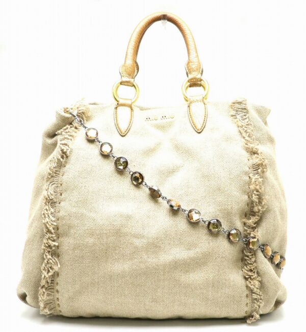 31861339 Miu Miu Crystal Bijou 3way Bag Leather Linen Beige