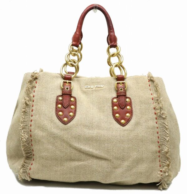 31901447 Miu Miu Fringe Linen Hemp Tote Bag Beige Brown Red