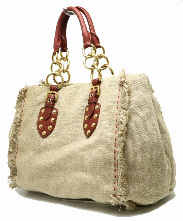 31901447 1 Miu Miu Fringe Linen Hemp Tote Bag Beige Brown Red