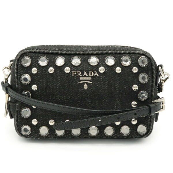 31980743 Prada Denim Borchie Mini Shoulder Bag Studded Denim Nero Black