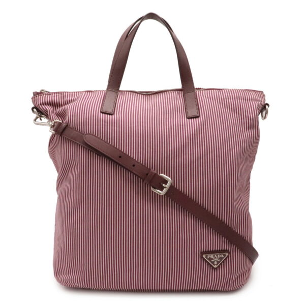 32010683 Prada Tote Bag Striped Canvas Leather Wine Red