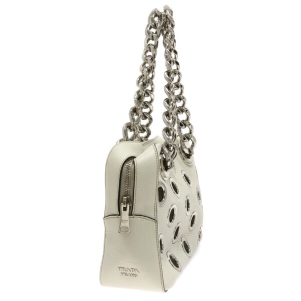 37467426 2 Prada Shoulder Bag Chain Grommet Leather Metal White Silver