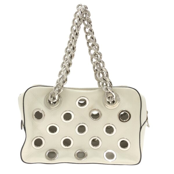 37467426 3 Prada Shoulder Bag Chain Grommet Leather Metal White Silver