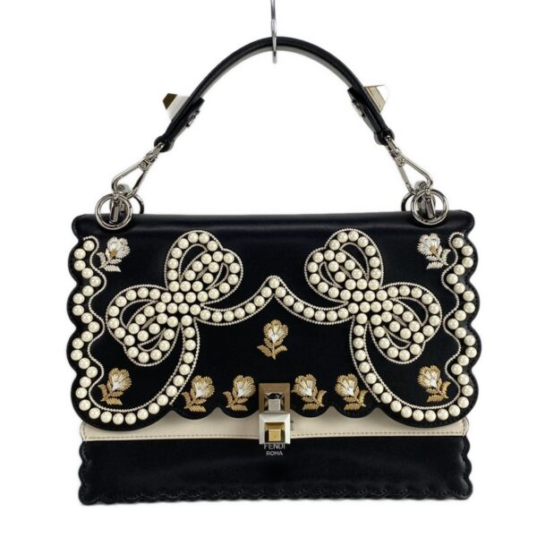 37533139 1 Fendi Canai Handbag Embroidery Pearl Leather Black White Brown