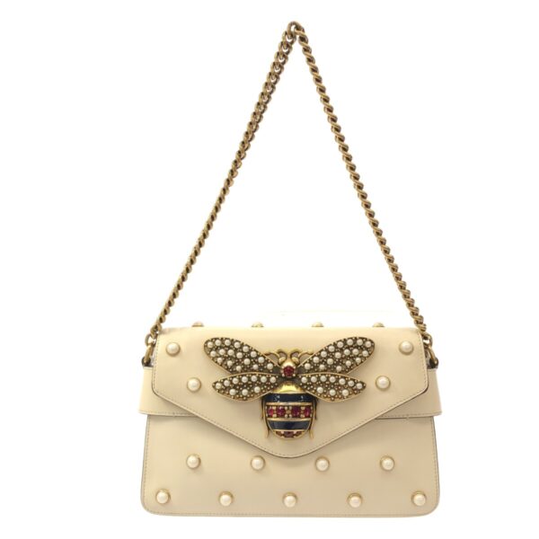 37799422 1 Gucci Broadway Queen Margaret Chain Shoulder Bag Bee Rhinestone Leather Ivory