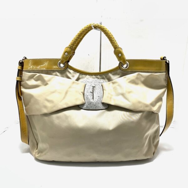 37964503 1 Salvatore Ferragamo Vara Tote Bag Braided Rhinestone Ribbon Nylon Enamel Leather Beige Yellow