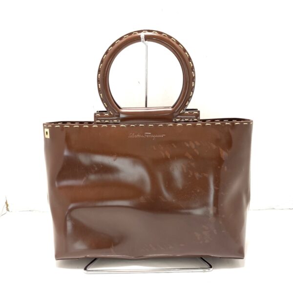 37964771 1 Salvatore Ferragamo Gancini Handbag Enamel Leather Brown