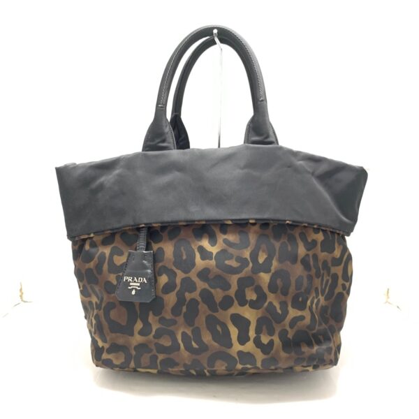 37967415 1 Prada Tesuto Double Tote Bag Leopard Print Nylon Black Brown Beige