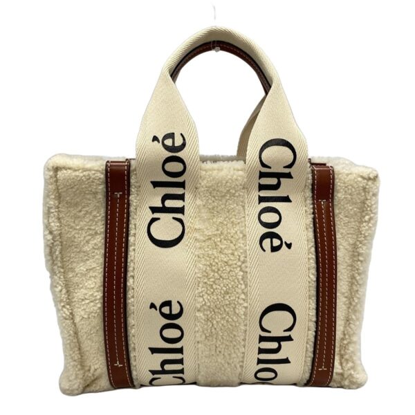 38038718 1 Chloe Woody Small Tote Bag Leather Ivory Brown Mouton