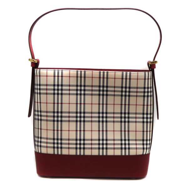 5372 1 Burberry Check Pattern Canvas Leather Tote Bag Beige Wine Red