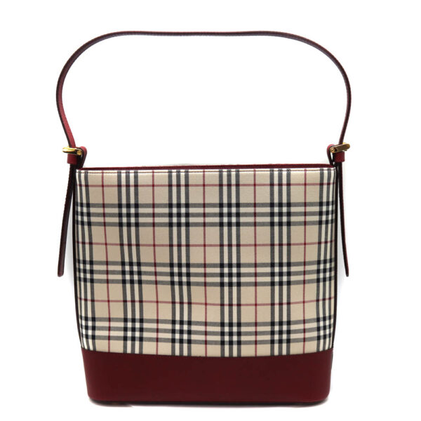 5372 2 Burberry Check Pattern Canvas Leather Tote Bag Beige Wine Red