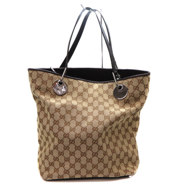 5854 1 Gucci Tote Bag GG Canvas Leather Beige Brown