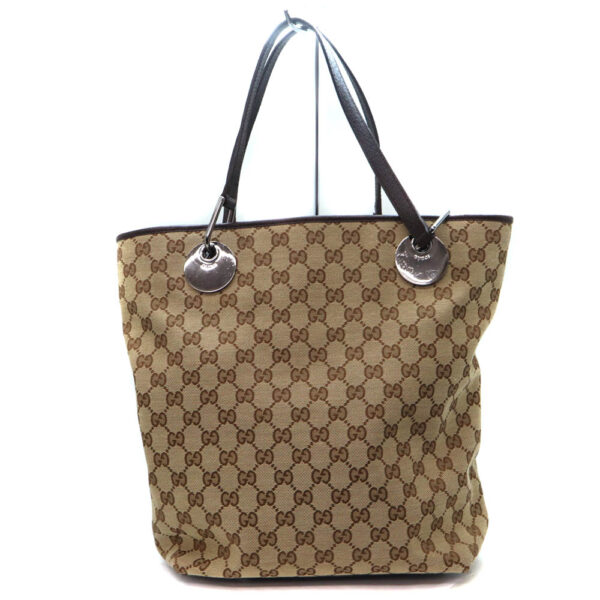 5854 2 Gucci Tote Bag GG Canvas Leather Beige Brown