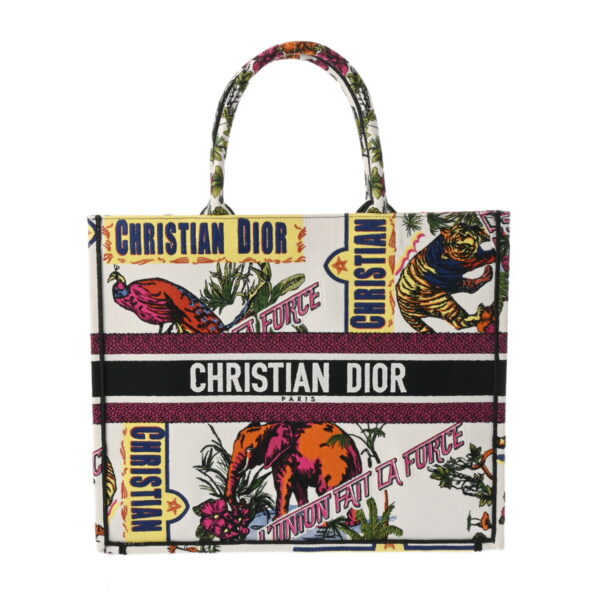 800000124207000 1 Christian Dior Book Tote Large Animal Embroidery White Multicolor