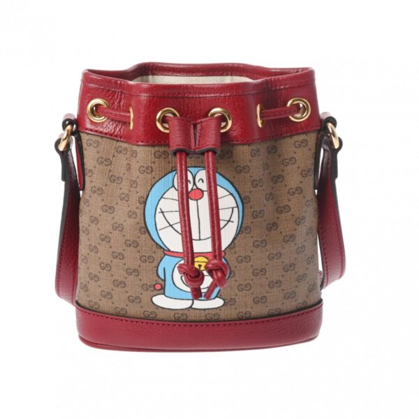 800000124471000 1 Gucci Mini Bucket GG Supreme Doraemon Leather Shoulder Bag Beige Red