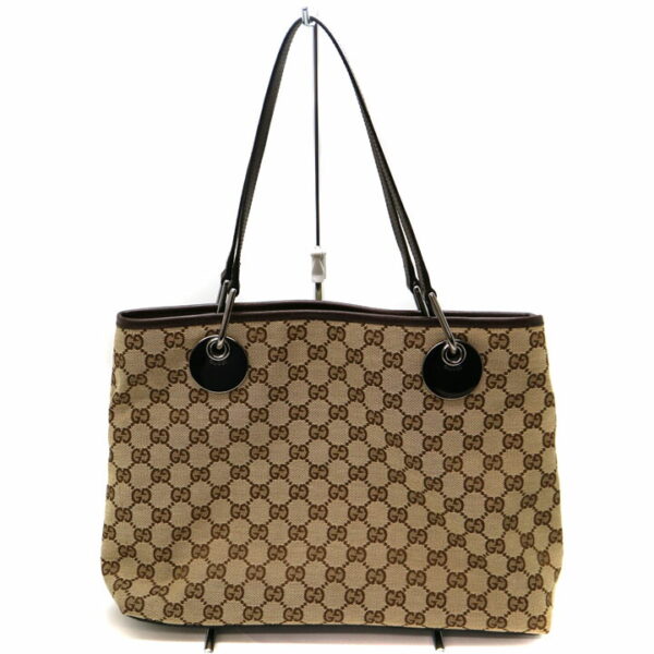 8472 2 Gucci GG Canvas Tote Bag Canvas Leather Beige Brown