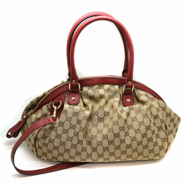 8697 2 Gucci Sookie Diamante Tote Bag Canvas Leather Beige Wine Red