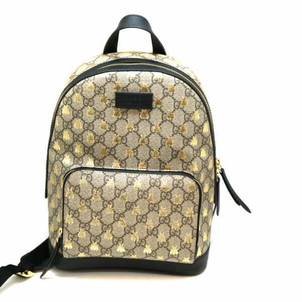 a21 8387 2 Gucci GG Supreme Backpack Bee Leather Black Beige