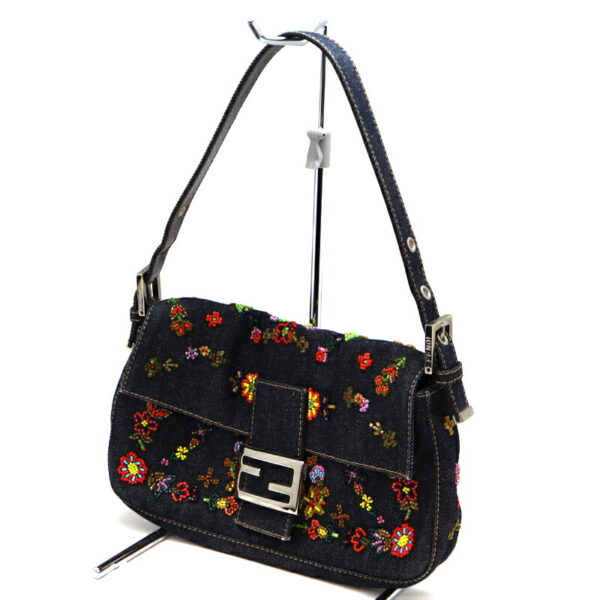 a22 4951 1 Fendi Shoulder Bag Canvas Beads Leather Blue Multicolor