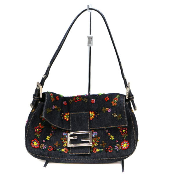 a22 4951 2 Fendi Shoulder Bag Canvas Beads Leather Blue Multicolor