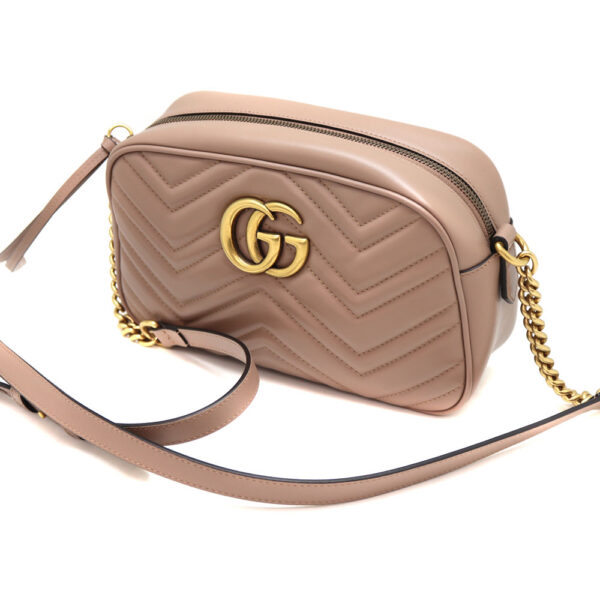 a22 6812 1 Gucci GG Marmont Quilted Small Shoulder Bag Leather Pink Beige