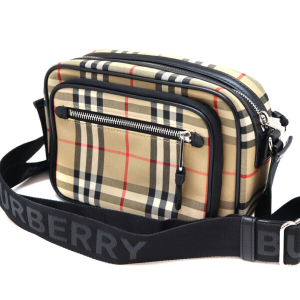 a22 8196 1 Burberry Check Leather Crossbody Bag Beige Brown